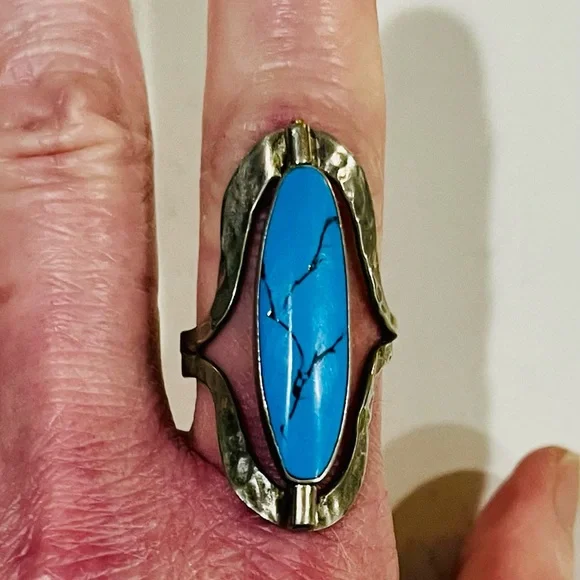 RARE VTG Reversible Artisan Ring, Tibetan Silver,Dual Turquoise Cabochons, Sz 9 - Picture 10 of 11